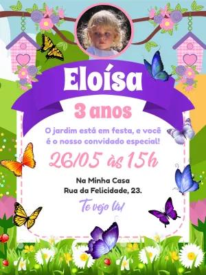 Convite Aniversário Jardim das Borboletas com Foto para Editar