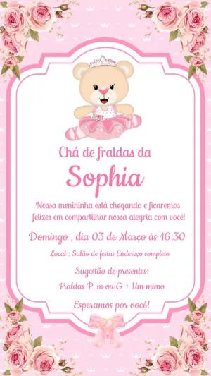 Convite Chá de Fraldas Ursinha Princesa para Editar Online