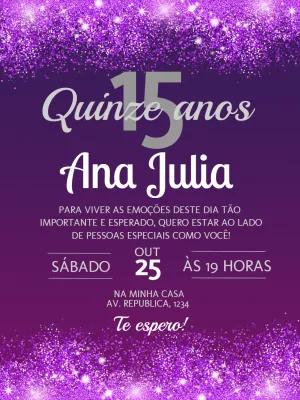 Convite 15 Anos Roxo com Glitter para Editar Online