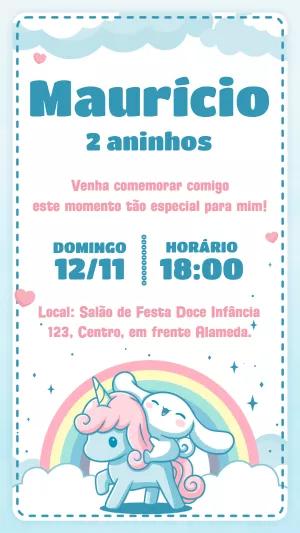 Convite de Aniversário Cinnamoroll e Unicórnio para Editar