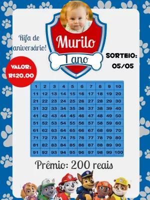 Rifa de Aniversário Patrulha Canina com Foto para Editar Online