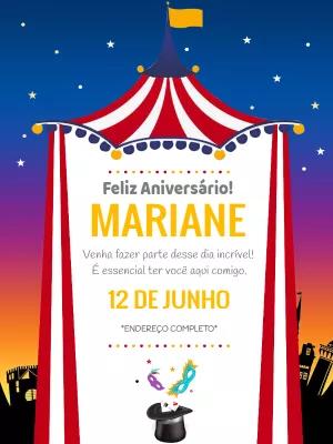 Convite de Aniversário Circo Editável para Enviar Online
