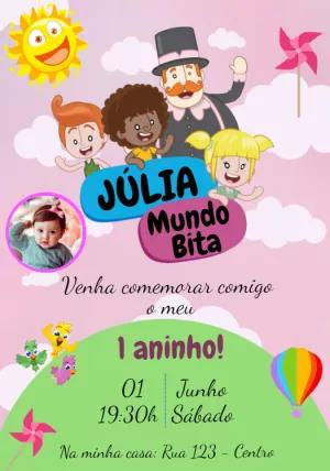 Convite Aniversário Mundo Bita com Foto para Editar Online
