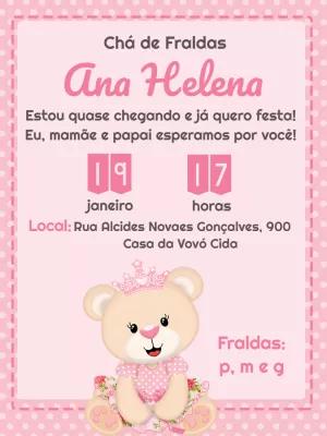 Convite Chá de Fraldas Ursinha Princesa para Editar Online