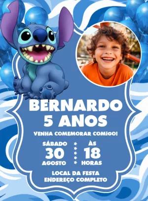 Convite Aniversário Stitch com Foto para Editar Online