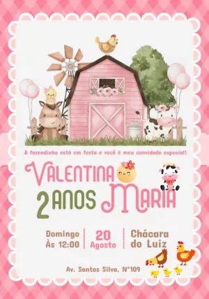 Convite de Aniversário Fazendinha Rosa com Animais para Editar