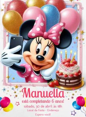 Convite de Aniversário Minnie Mouse Selfie Editável Online