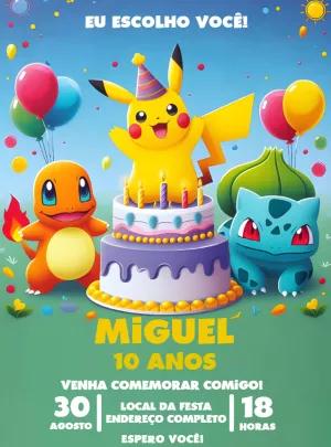 Convite de Aniversário Pokémon com Personagens para Editar Online