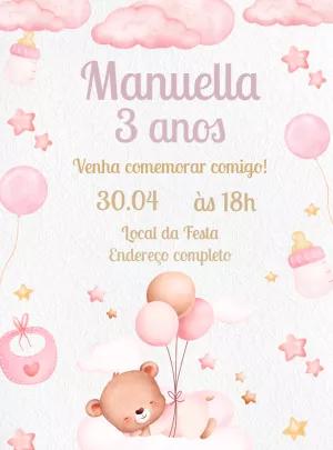 Convite Aniversário Ursinho Rosa Aquarela para Editar Online