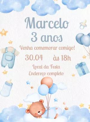 Convite Aniversário Ursinho Azul Aquarela para Editar Online