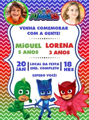 Convite Aniversário Duplo PJ Masks com Foto para Editar Online