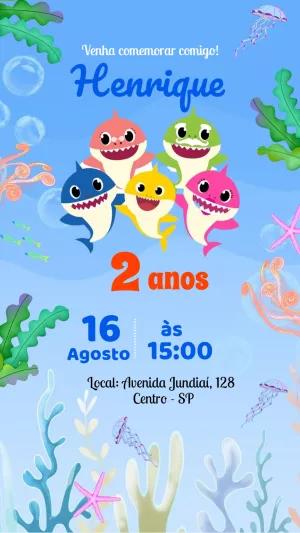 Convite de Aniversário Baby Shark com Tubarões para Editar Online