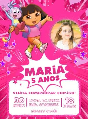 Convite Aniversário Dora Aventureira com Foto para Editar Online