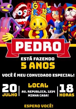 Convite Aniversário Digital Circus com Personagens para Editar