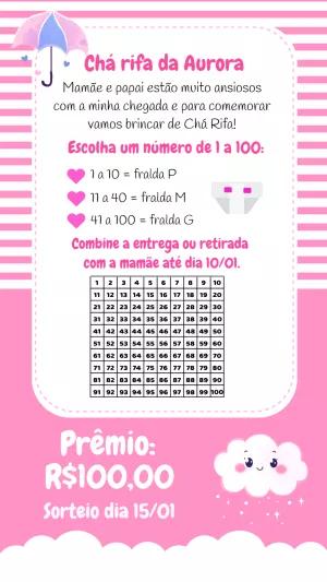 Chá Rifa Chuva de Amor Rosa Editável para Imprimir