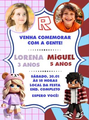 Convite Aniversário Duplo Roblox com Foto para Editar Online