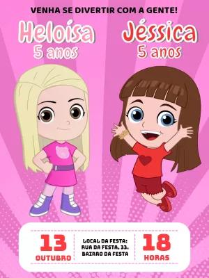 Convite Aniversário Duplo Meninas Aventureiras para Editar Online