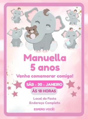 Convite Aniversário Elefantinha Rosa para Editar Online