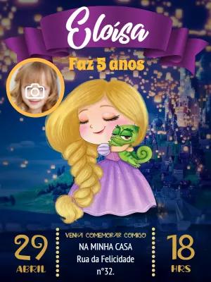 Convite Aniversário Rapunzel com Foto para Editar Online