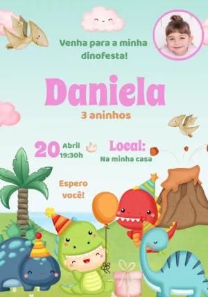 Convite Aniversário Dino Baby Menina com Foto para Editar