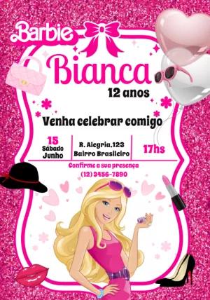 Convite de Aniversário Barbie Rosa para Editar e Imprimir