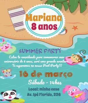 Convite de Aniversário Pool Party com Animais para Editar
