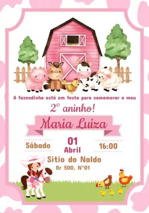 Convite Aniversário Fazendinha Rosa para Editar Online