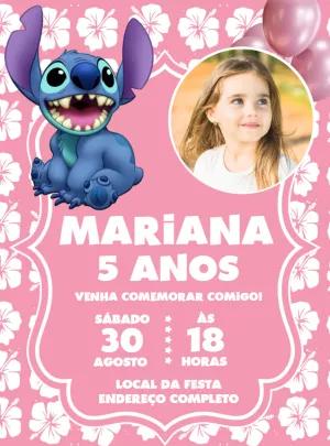Convite Aniversário Stitch Rosa com Foto para Editar Online