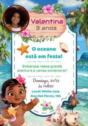 Convite Aniversário Moana Baby com Foto para Editar Online