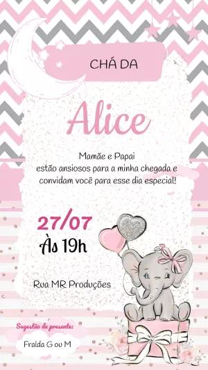 Convite Chá de Fraldas Elefantinha Rosa para Editar Online