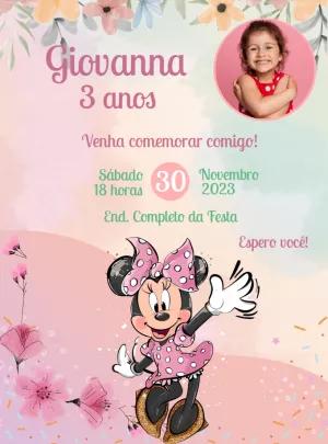 Convite Minnie Rosa Aquarela com Foto Editável Online