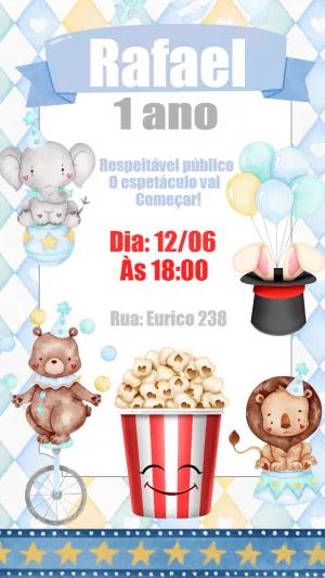 Convite Aniversário Circo Azul com Animais para Editar Online