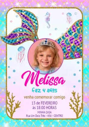 Convite Aniversário Sereia com Foto e Glitter para Editar Online
