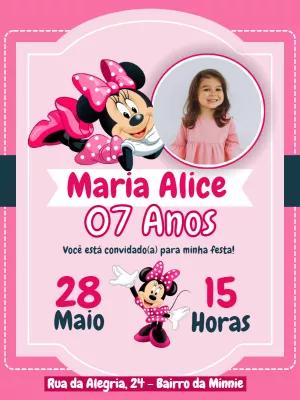 Convite de Aniversário Minnie Mouse com Foto para Editar
