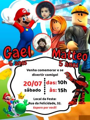 Convite Duplo Aniversário Mario e Roblox com Foto para Editar