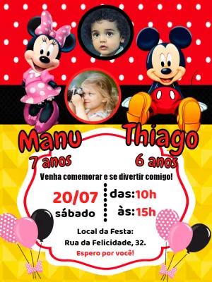 Convite Aniversário Duplo Minnie e Mickey com Foto para Editar