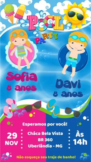 Convite Aniversário Duplo Pool Party para Editar Online