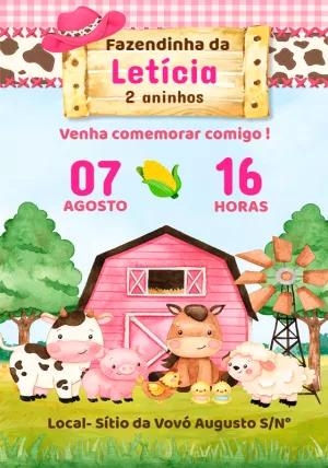 Convite de Aniversário Fazendinha Rosa com Animais para Editar