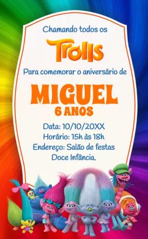 Convite de Aniversário Trolls com Personagens para Editar