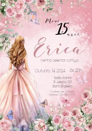Convite 15 Anos Princesa Floral com Borboletas para Editar