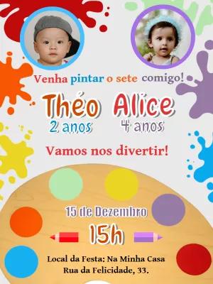 Convite Aniversário Duplo Pintando o 7 com Foto para Editar