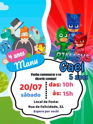 Convite Aniversário Duplo Mundo Bita e PJ Masks para Editar