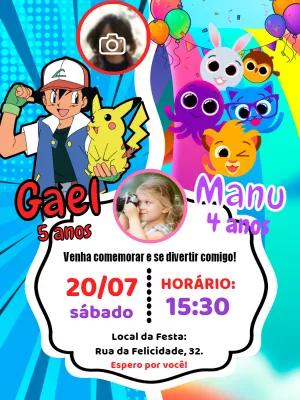 Convite Aniversário Duplo Pokémon e Bolofofos para Editar