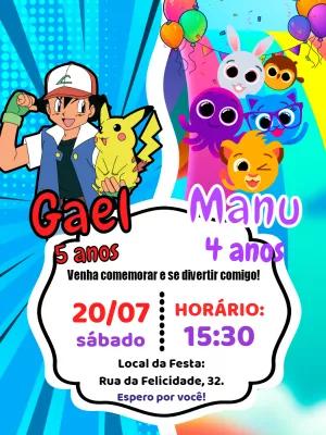 Convite Aniversário Duplo Pokémon e Bolofofos para Editar Online