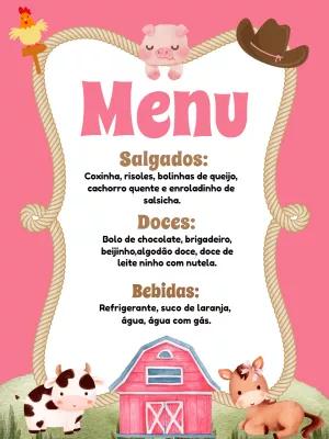 Cardápio Aniversário Fazendinha Rosa para Editar e Imprimir
