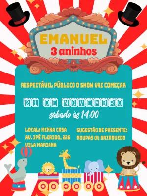 Convite de Aniversário Circo com Animais para Editar Online