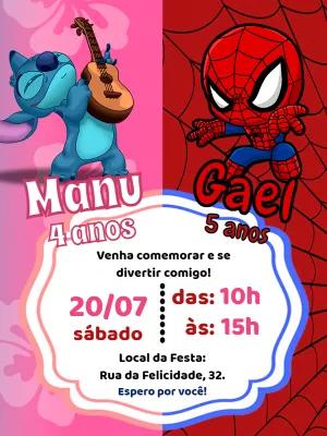 Convite Aniversário Duplo Stitch e Homem-Aranha para Editar
