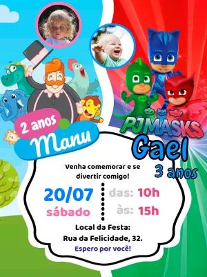 Convite Aniversário Duplo Mundo Bita e PJ Masks para Editar