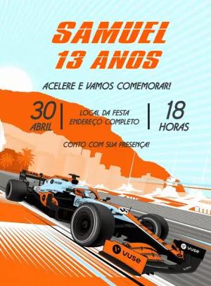 Convite Aniversário Fórmula 1 com Carro de Corrida para Editar