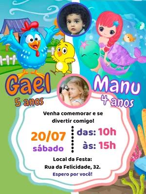 Convite Aniversário Duplo Galinha Pintadinha e Sereia para Editar